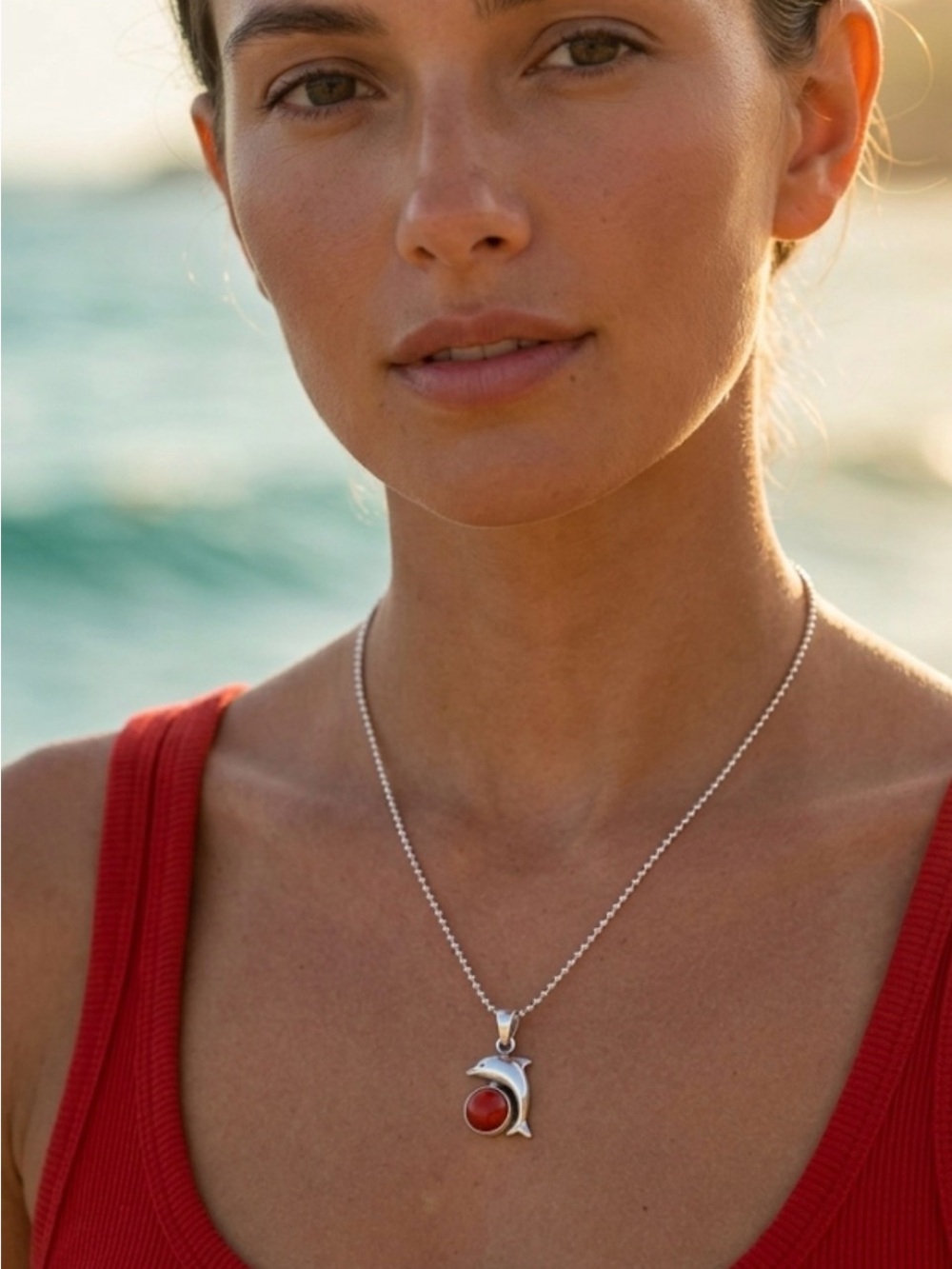 Red Coral Pendant Necklace Sterling Silver